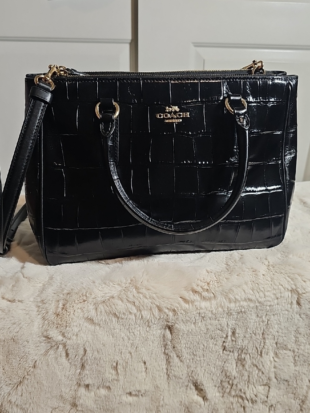 Coach Black Croc-Embossed Satchel with Gold Hardware